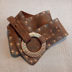 Designer Brown Leather Belt With Bronze Studs and Verdigris